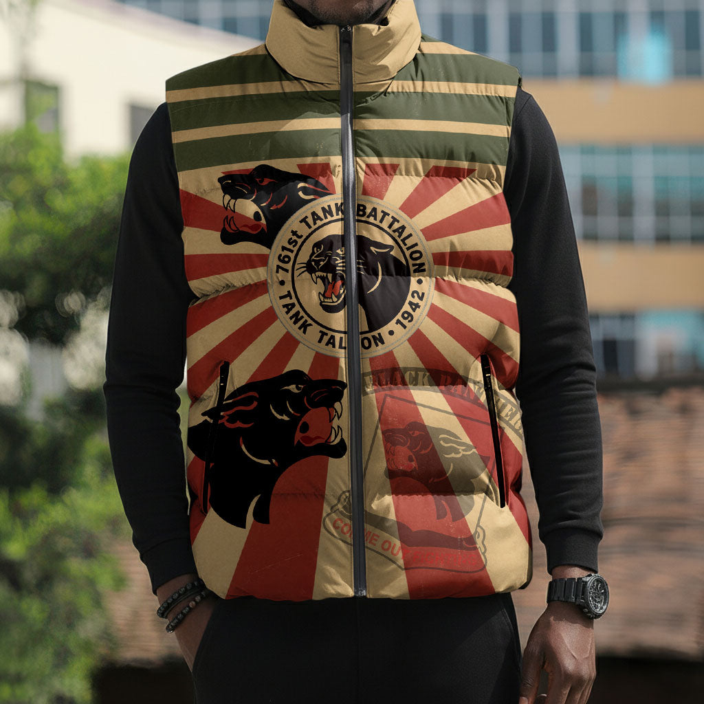 Black Panthers 761st Tank Battalion Sleeveless Puffer Jacket Come Out Fighting Retro Military