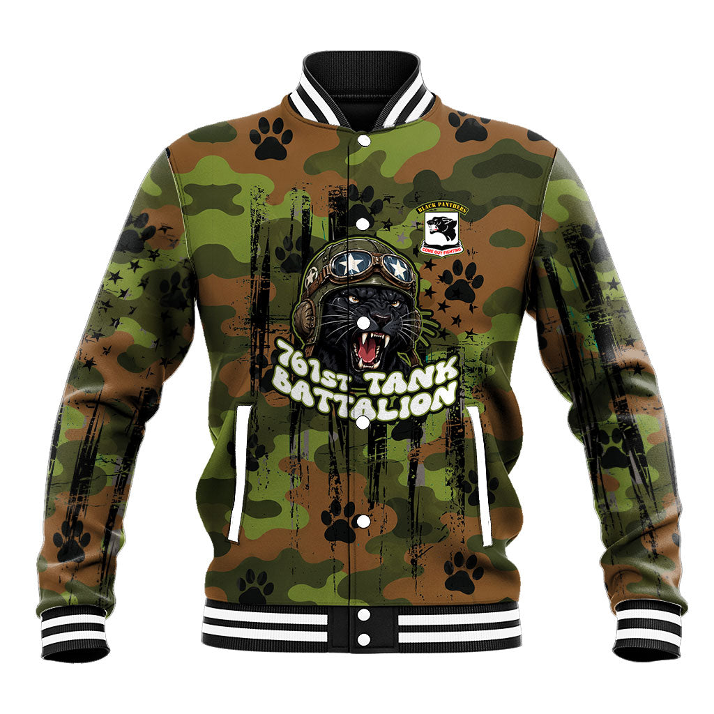 761st Tank Battalion African American Baseball Jacket Black Panthers Cartoon Mascot - Military History Camouflage Paw