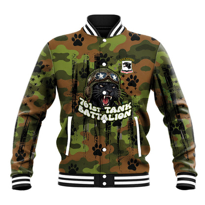 761st Tank Battalion African American Baseball Jacket Black Panthers Cartoon Mascot - Military History Camouflage Paw