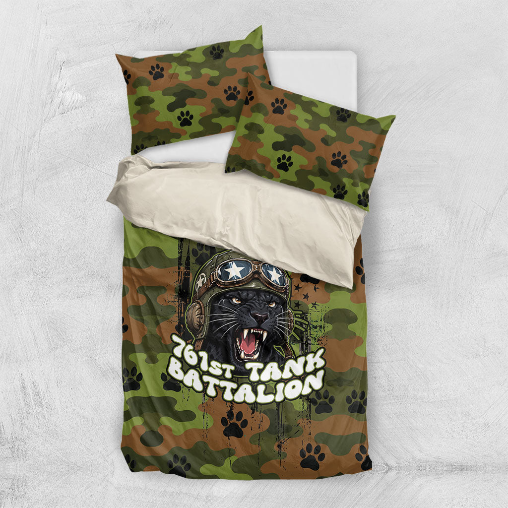 761st Tank Battalion African American Bedding Set Black Panthers Cartoon Mascot - Military History Camouflage Paw