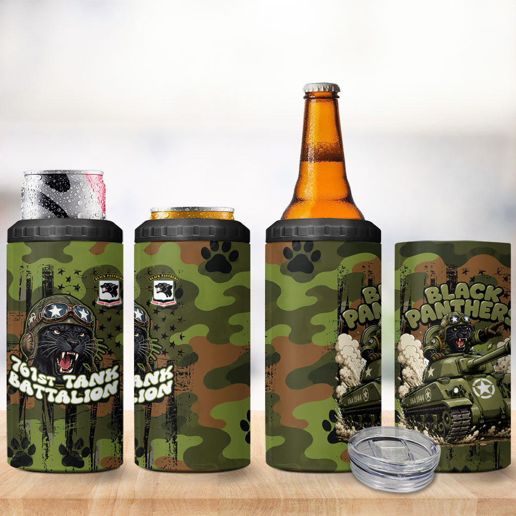 761st Tank Battalion African American 4 in 1 Can Cooler Tumbler Black Panthers Cartoon Mascot - Military History Camouflage Paw