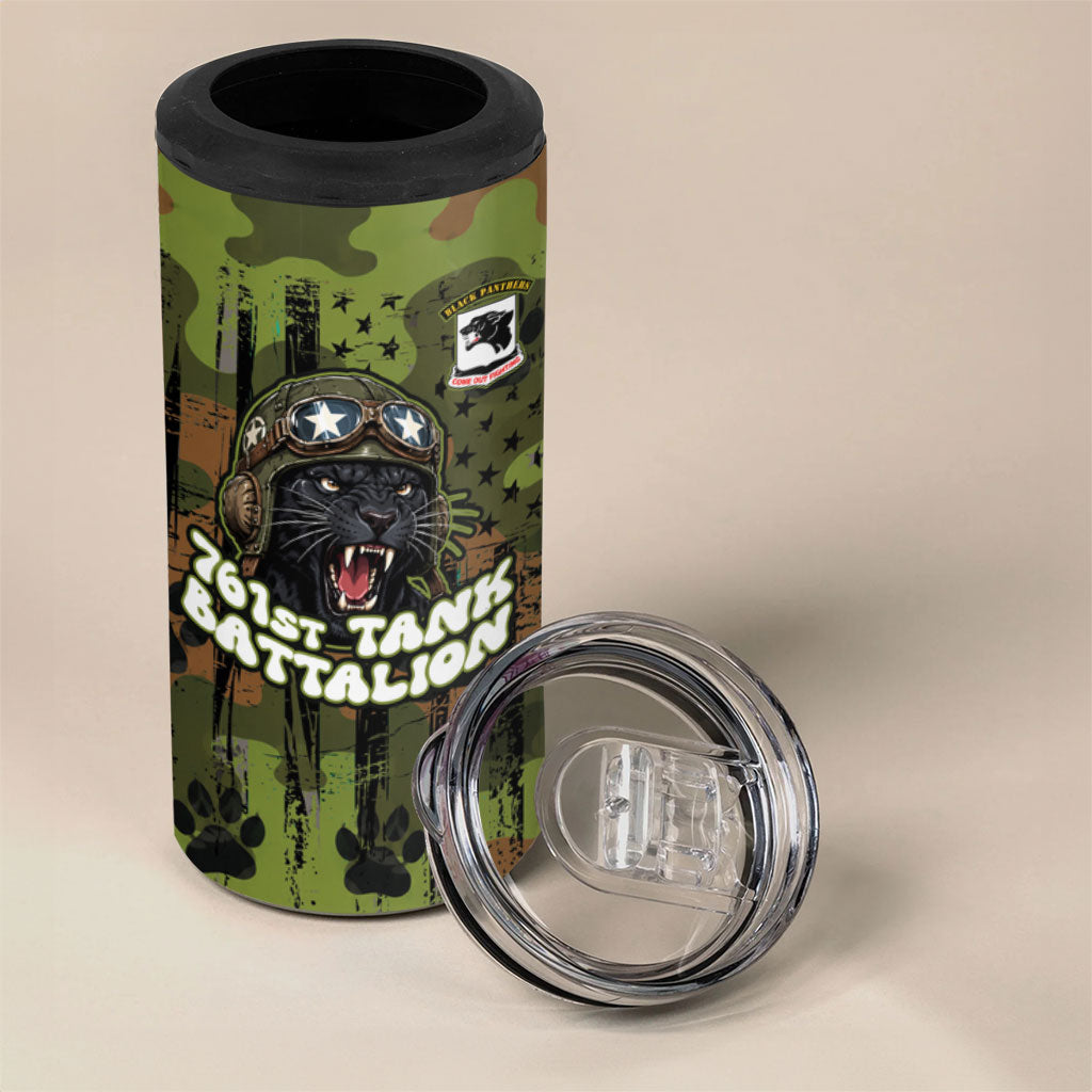 761st Tank Battalion African American 4 in 1 Can Cooler Tumbler Black Panthers Cartoon Mascot - Military History Camouflage Paw