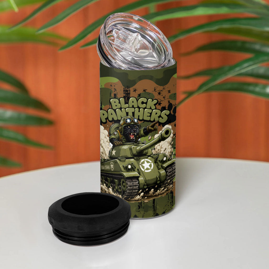 761st Tank Battalion African American 4 in 1 Can Cooler Tumbler Black Panthers Cartoon Mascot - Military History Camouflage Paw
