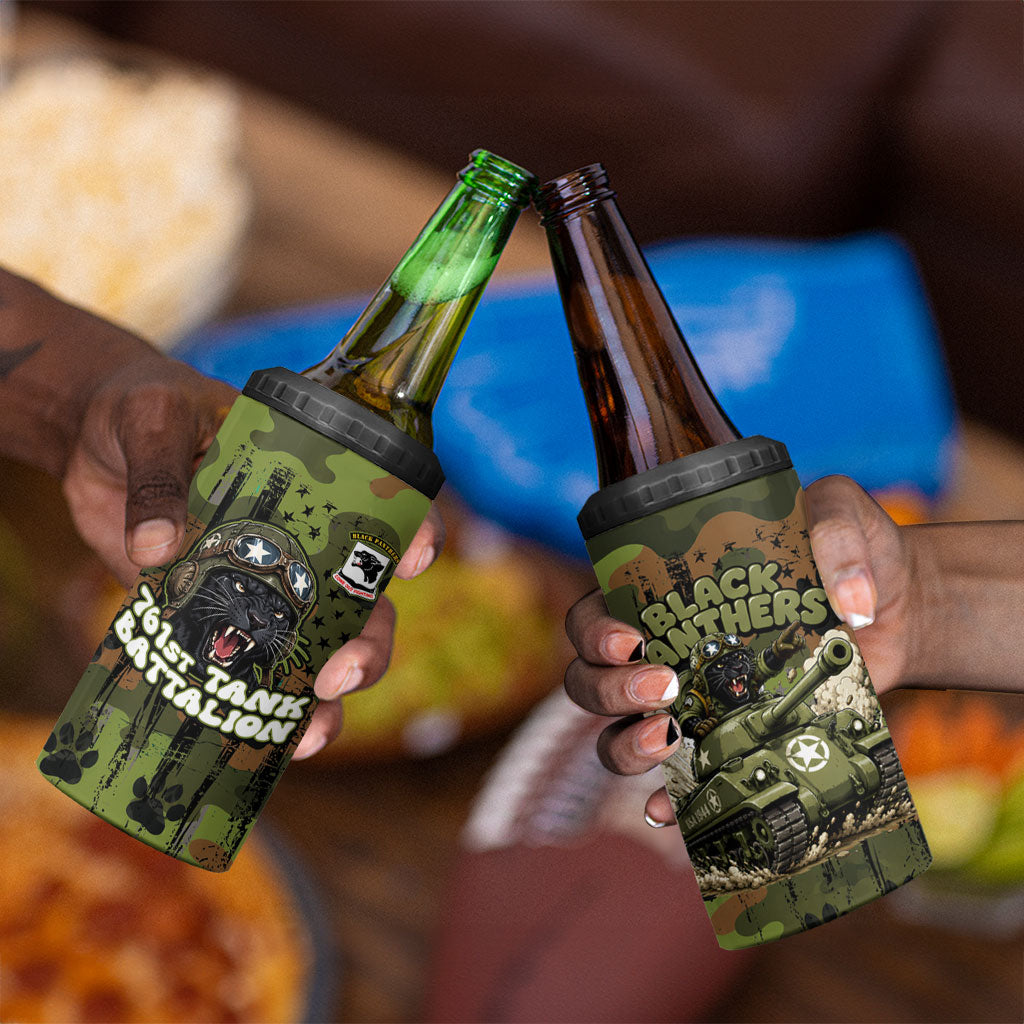 761st Tank Battalion African American 4 in 1 Can Cooler Tumbler Black Panthers Cartoon Mascot - Military History Camouflage Paw