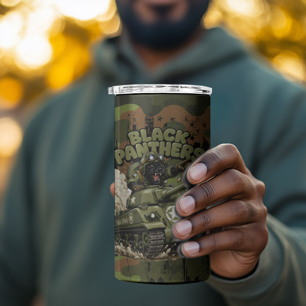761st Tank Battalion African American 4 in 1 Can Cooler Tumbler Black Panthers Cartoon Mascot - Military History Camouflage Paw