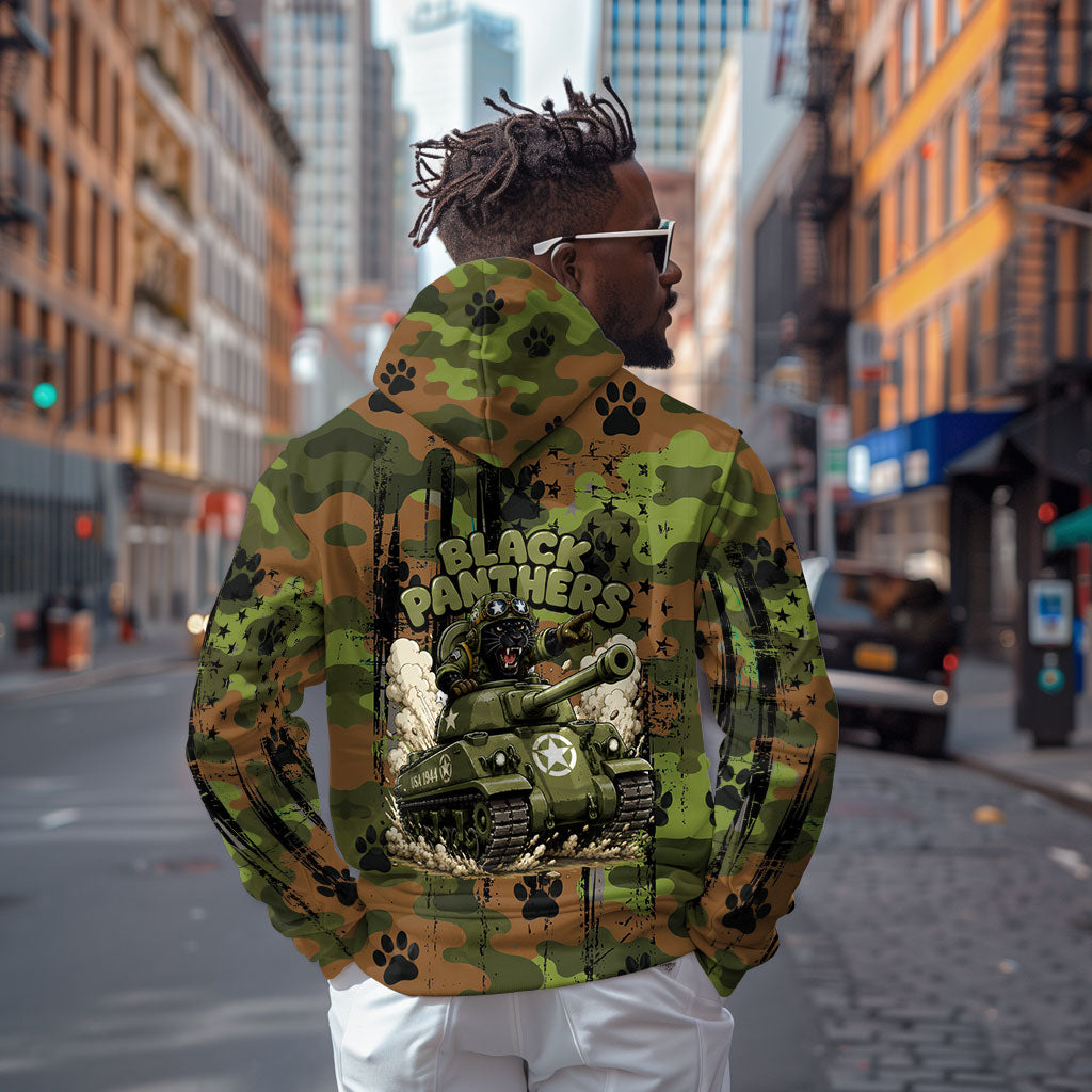 761st Tank Battalion African American Hoodie Black Panthers Cartoon Mascot - Military History Camouflage Paw