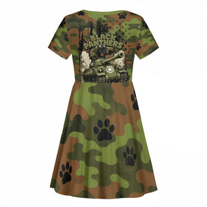 761st Tank Battalion African American Kid Short Sleeve Dress Black Panthers Cartoon Mascot - Military History Camouflage Paw