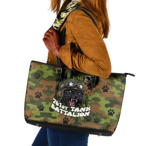 761st Tank Battalion African American Leather Tote Bag Black Panthers Cartoon Mascot - Military History Camouflage Paw