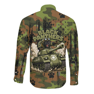 761st Tank Battalion African American Long Sleeve Button Shirt Black Panthers Cartoon Mascot - Military History Camouflage Paw