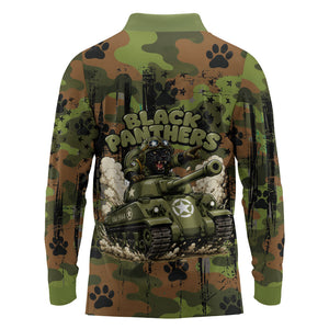 761st Tank Battalion African American Long Sleeve Polo Shirt Black Panthers Cartoon Mascot - Military History Camouflage Paw