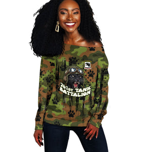 761st Tank Battalion African American Off Shoulder Sweater Black Panthers Cartoon Mascot - Military History Camouflage Paw