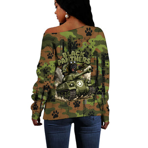 761st Tank Battalion African American Off Shoulder Sweater Black Panthers Cartoon Mascot - Military History Camouflage Paw