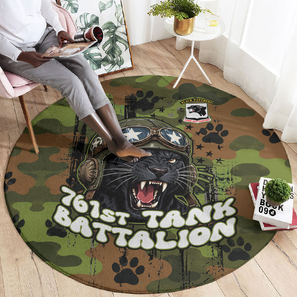 761st Tank Battalion African American Round Carpet Black Panthers Cartoon Mascot - Military History Camouflage Paw