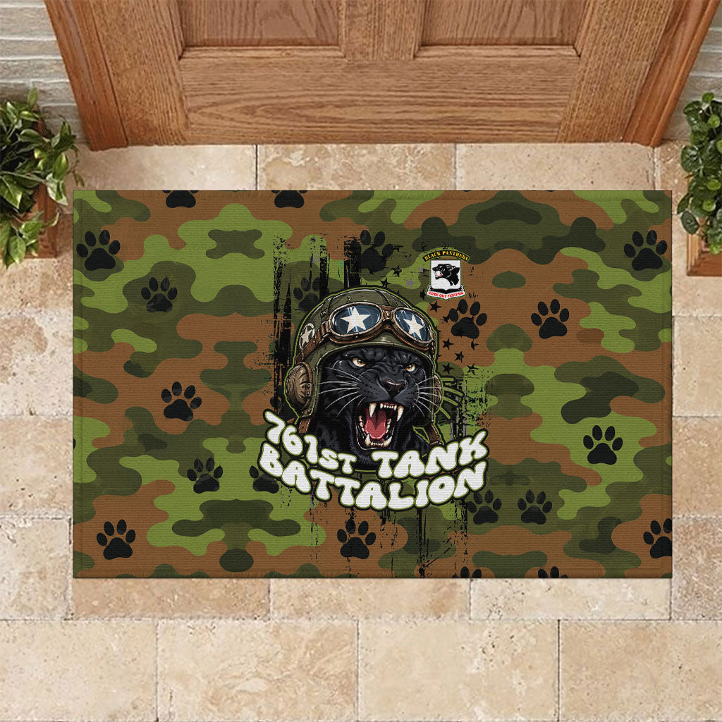 761st Tank Battalion African American Rubber Doormat Black Panthers Cartoon Mascot - Military History Camouflage Paw