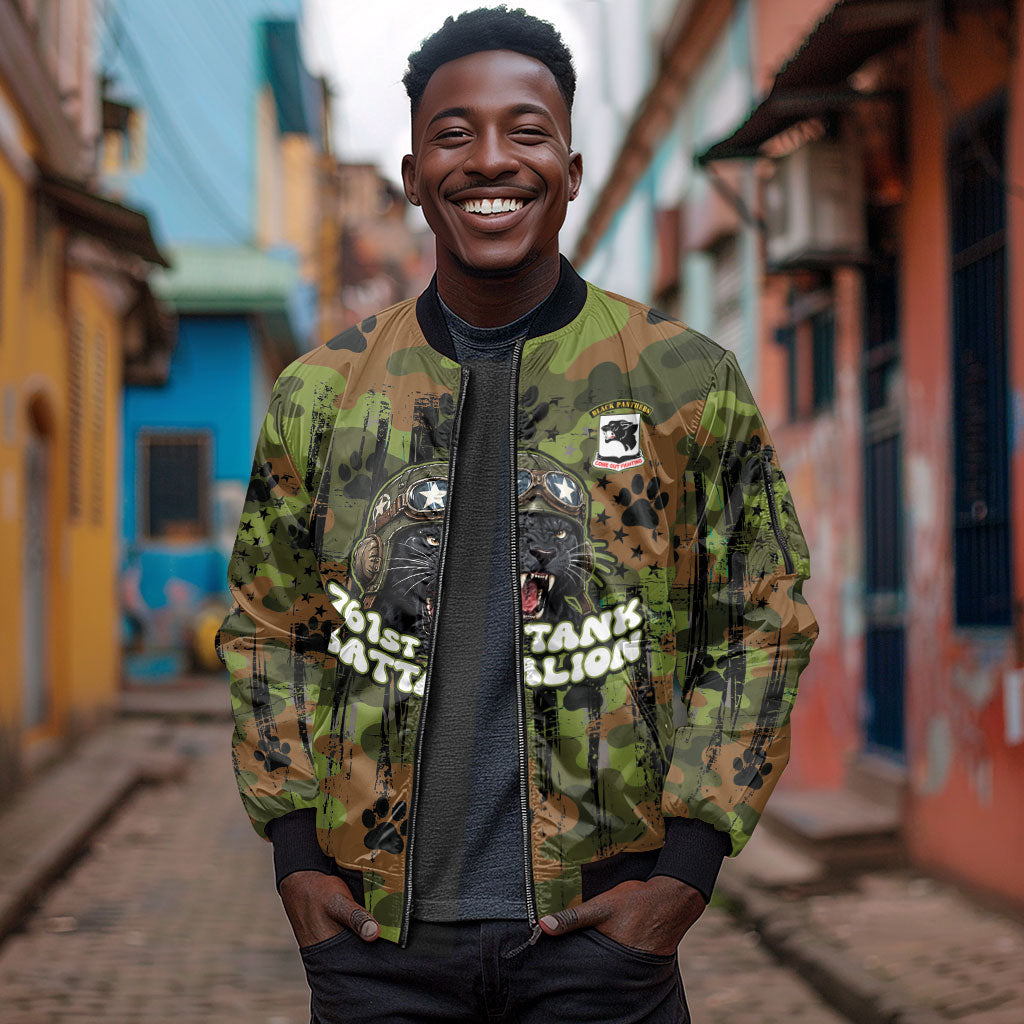 761st Tank Battalion African American Sleeve Zip Bomber Jacket Black Panthers Cartoon Mascot - Military History Camouflage Paw