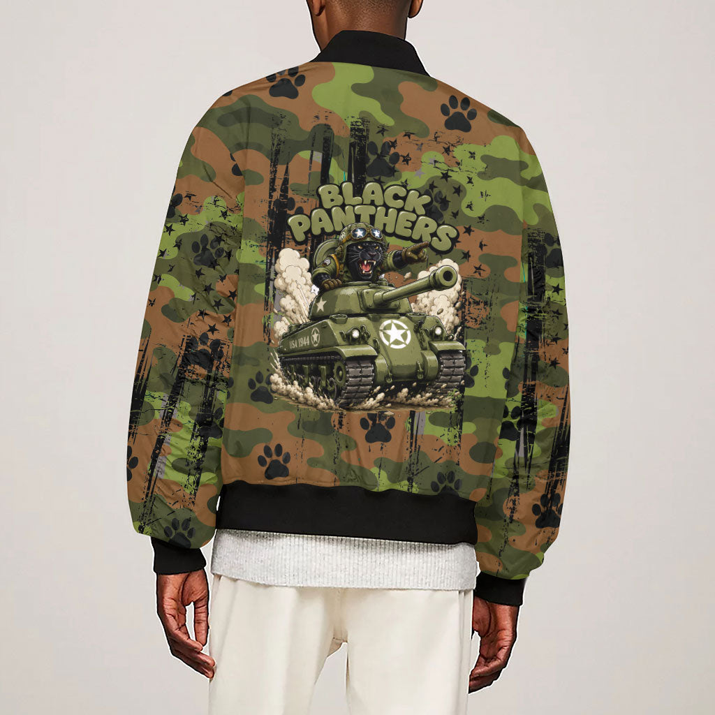 761st Tank Battalion African American Sleeve Zip Bomber Jacket Black Panthers Cartoon Mascot - Military History Camouflage Paw