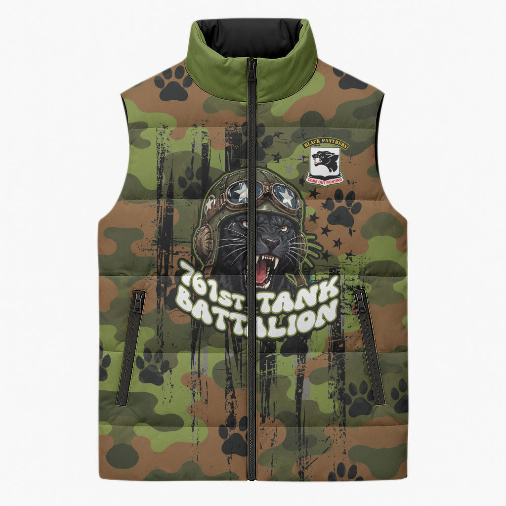 761st Tank Battalion African American Sleeveless Puffer Jacket Black Panthers Cartoon Mascot - Military History Camouflage Paw