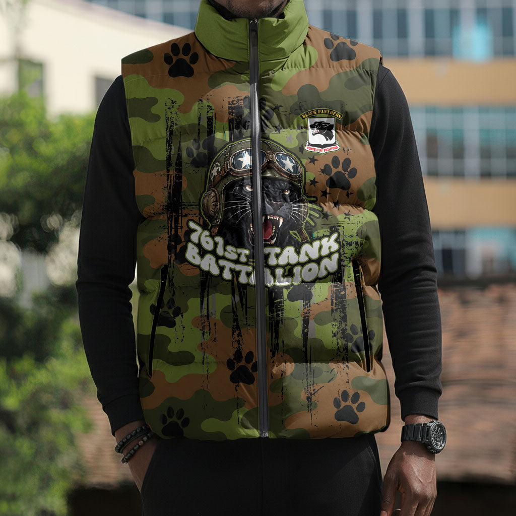 761st Tank Battalion African American Sleeveless Puffer Jacket Black Panthers Cartoon Mascot - Military History Camouflage Paw