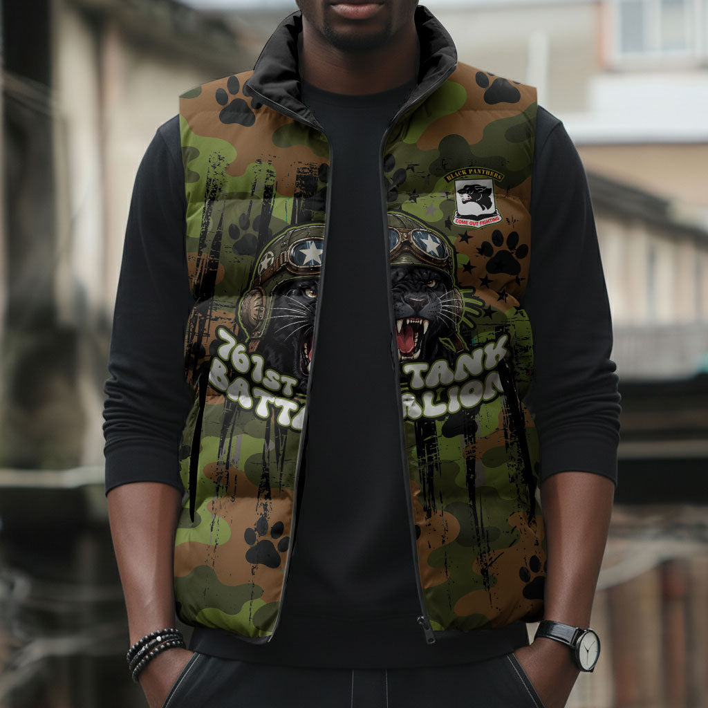 761st Tank Battalion African American Sleeveless Puffer Jacket Black Panthers Cartoon Mascot - Military History Camouflage Paw