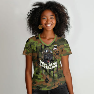 761st Tank Battalion African American Women V-Neck T-Shirt Black Panthers Cartoon Mascot - Military History Camouflage Paw