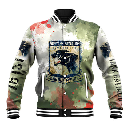 761st Tank Battalion Baseball Jacket Black Panthers - Come Out Fighting - Military Watercolor