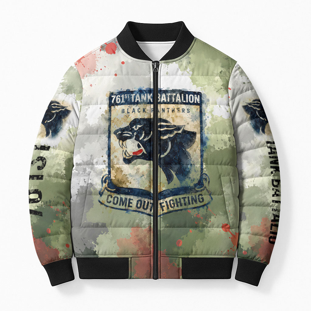 761st Tank Battalion Bomber Puffer Jacket Black Panthers - Come Out Fighting - Military Watercolor