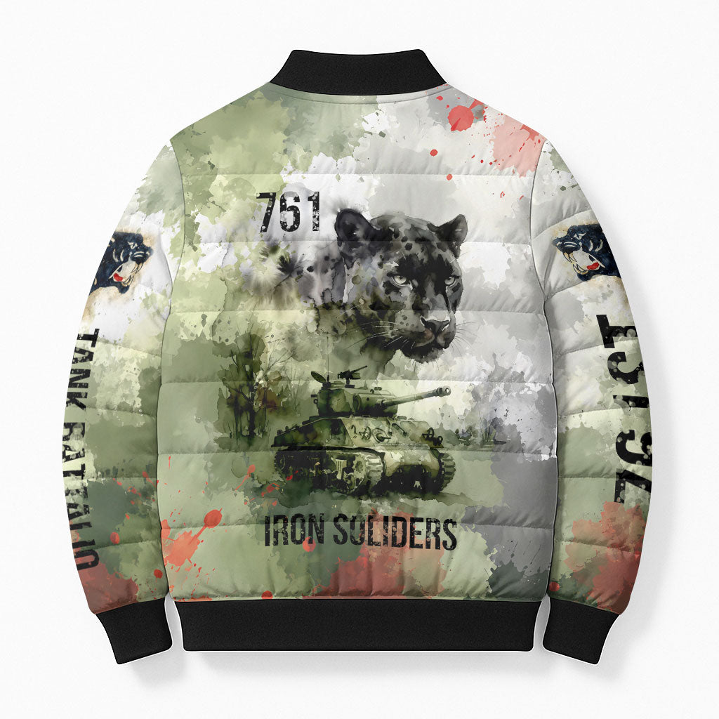 761st Tank Battalion Bomber Puffer Jacket Black Panthers - Come Out Fighting - Military Watercolor