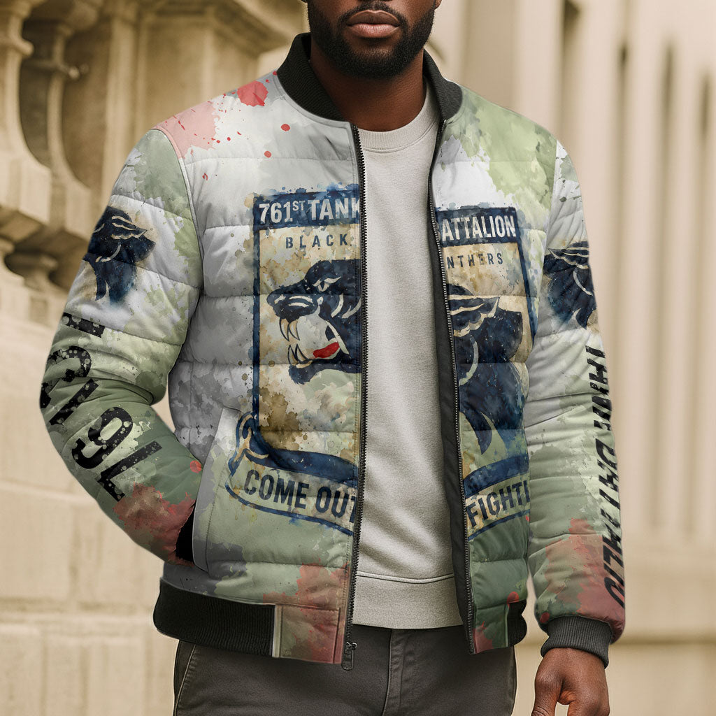 761st Tank Battalion Bomber Puffer Jacket Black Panthers - Come Out Fighting - Military Watercolor