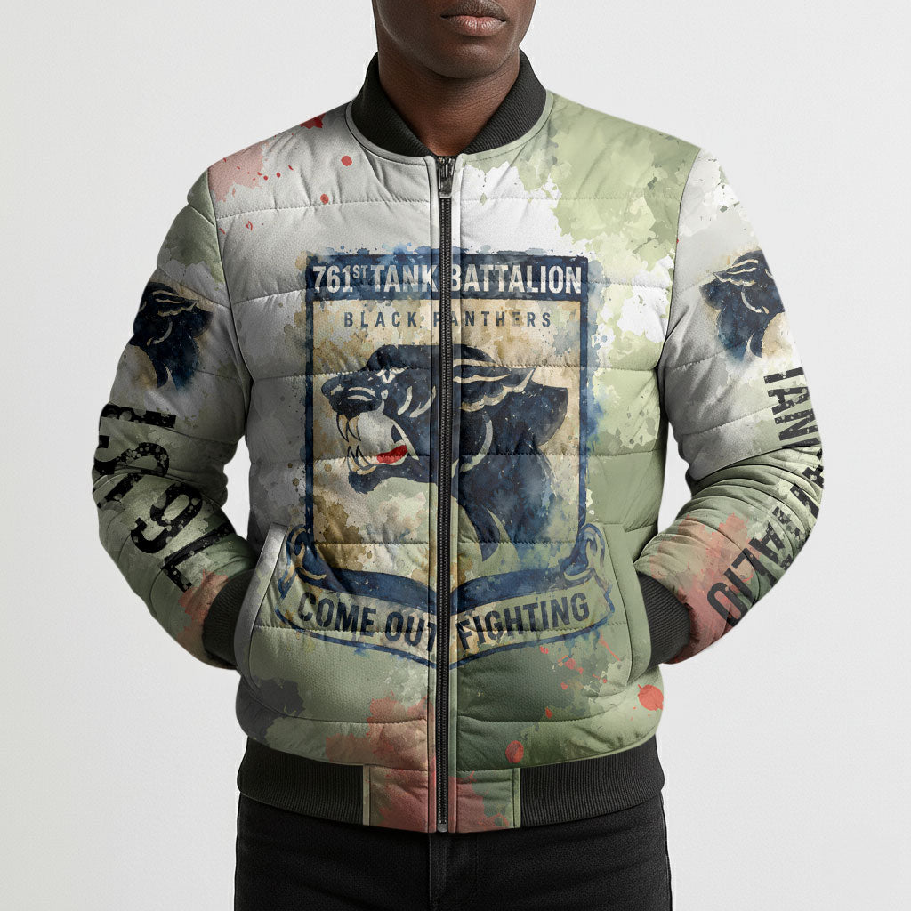 761st Tank Battalion Bomber Puffer Jacket Black Panthers - Come Out Fighting - Military Watercolor