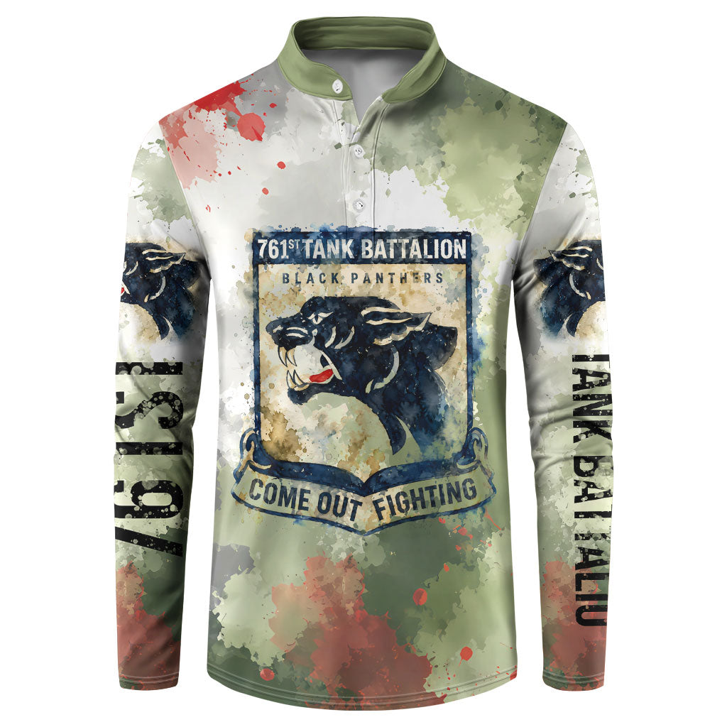 761st Tank Battalion Button Sweatshirt Black Panthers - Come Out Fighting - Military Watercolor