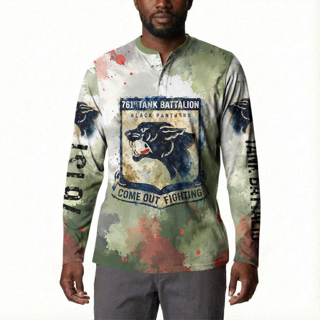 761st Tank Battalion Button Sweatshirt Black Panthers - Come Out Fighting - Military Watercolor