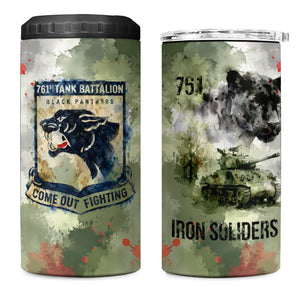 761st Tank Battalion 4 in 1 Can Cooler Tumbler Black Panthers - Come Out Fighting - Military Watercolor