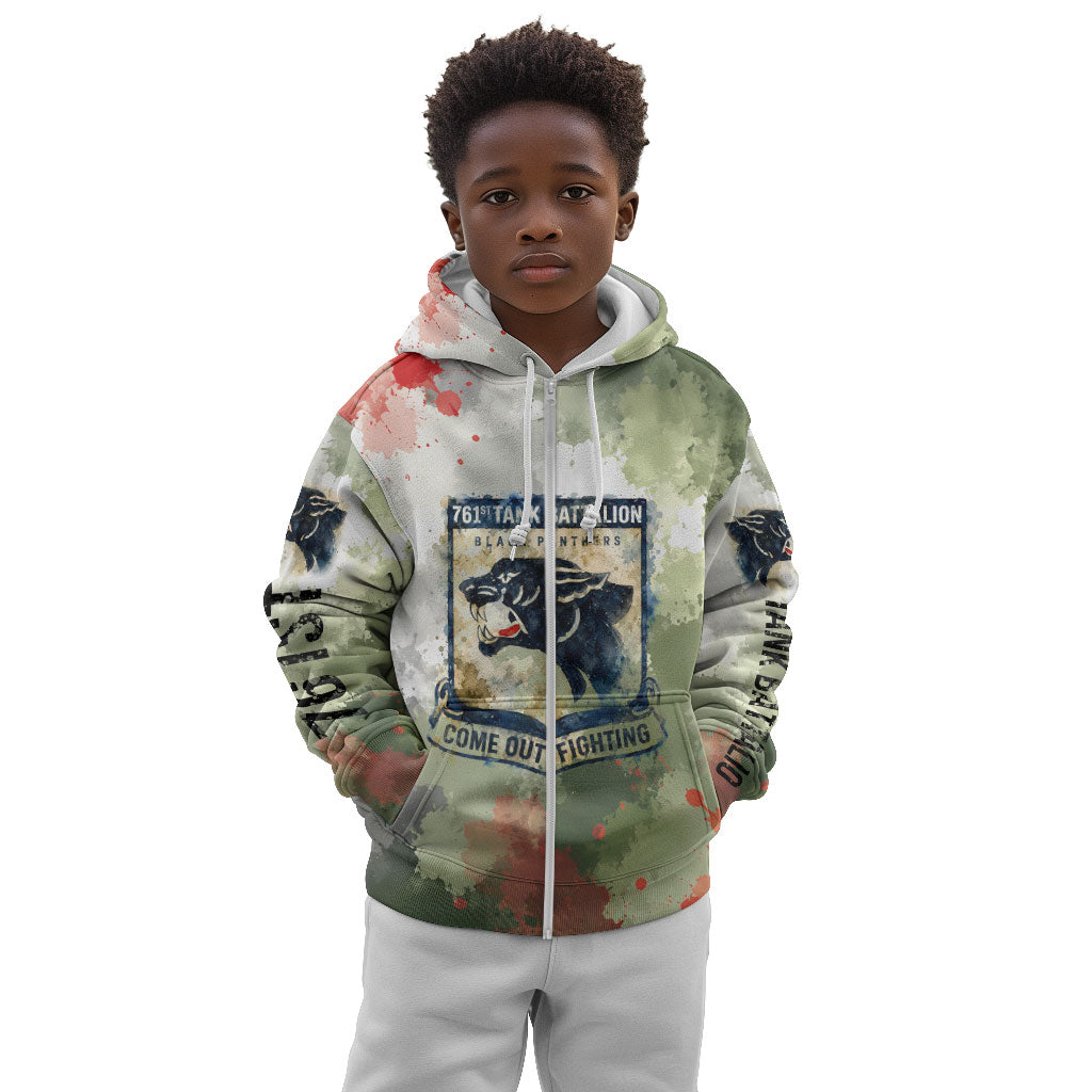 761st Tank Battalion Kid Hoodie Black Panthers - Come Out Fighting - Military Watercolor