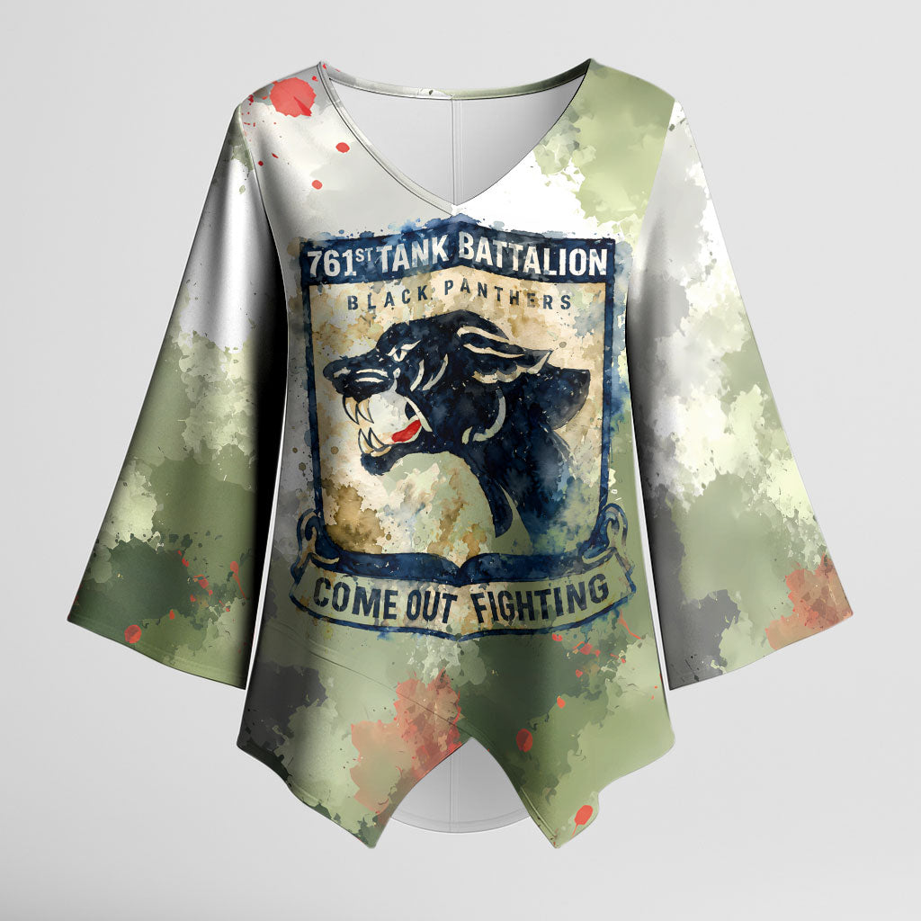761st Tank Battalion Kimono Sleeve Blouse Black Panthers - Come Out Fighting - Military Watercolor