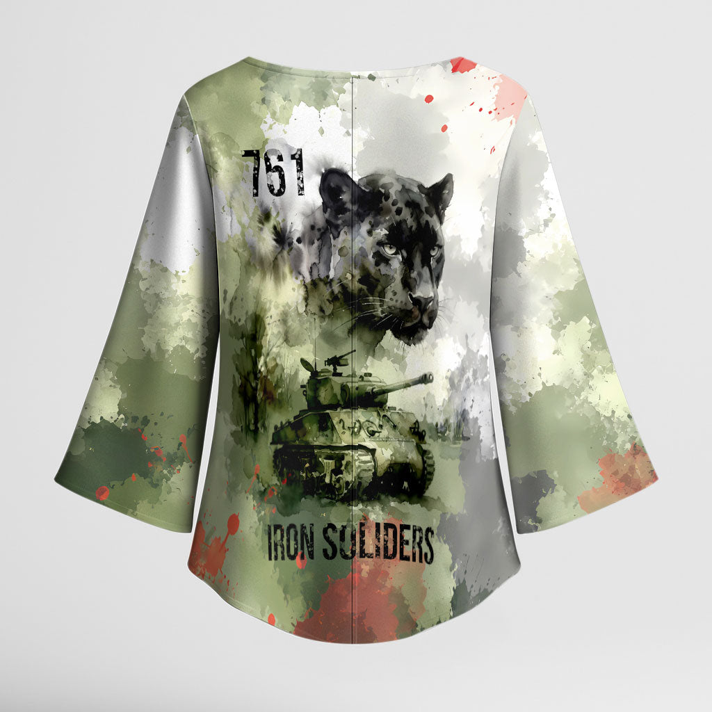 761st Tank Battalion Kimono Sleeve Blouse Black Panthers - Come Out Fighting - Military Watercolor