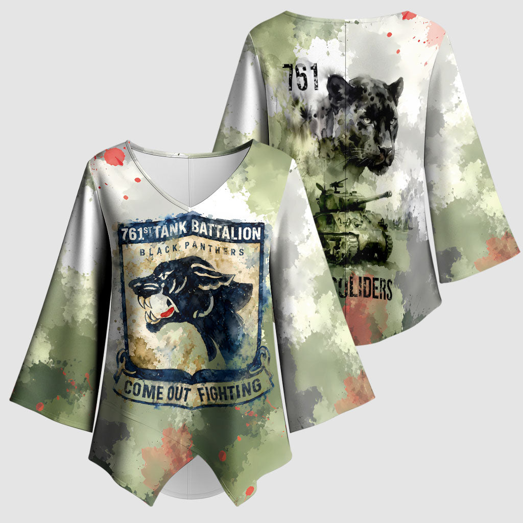 761st Tank Battalion Kimono Sleeve Blouse Black Panthers - Come Out Fighting - Military Watercolor