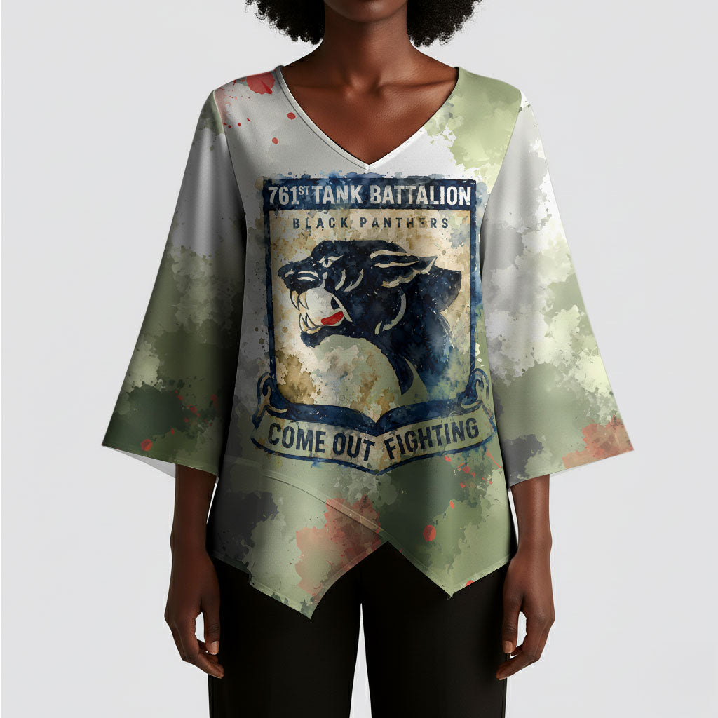 761st Tank Battalion Kimono Sleeve Blouse Black Panthers - Come Out Fighting - Military Watercolor