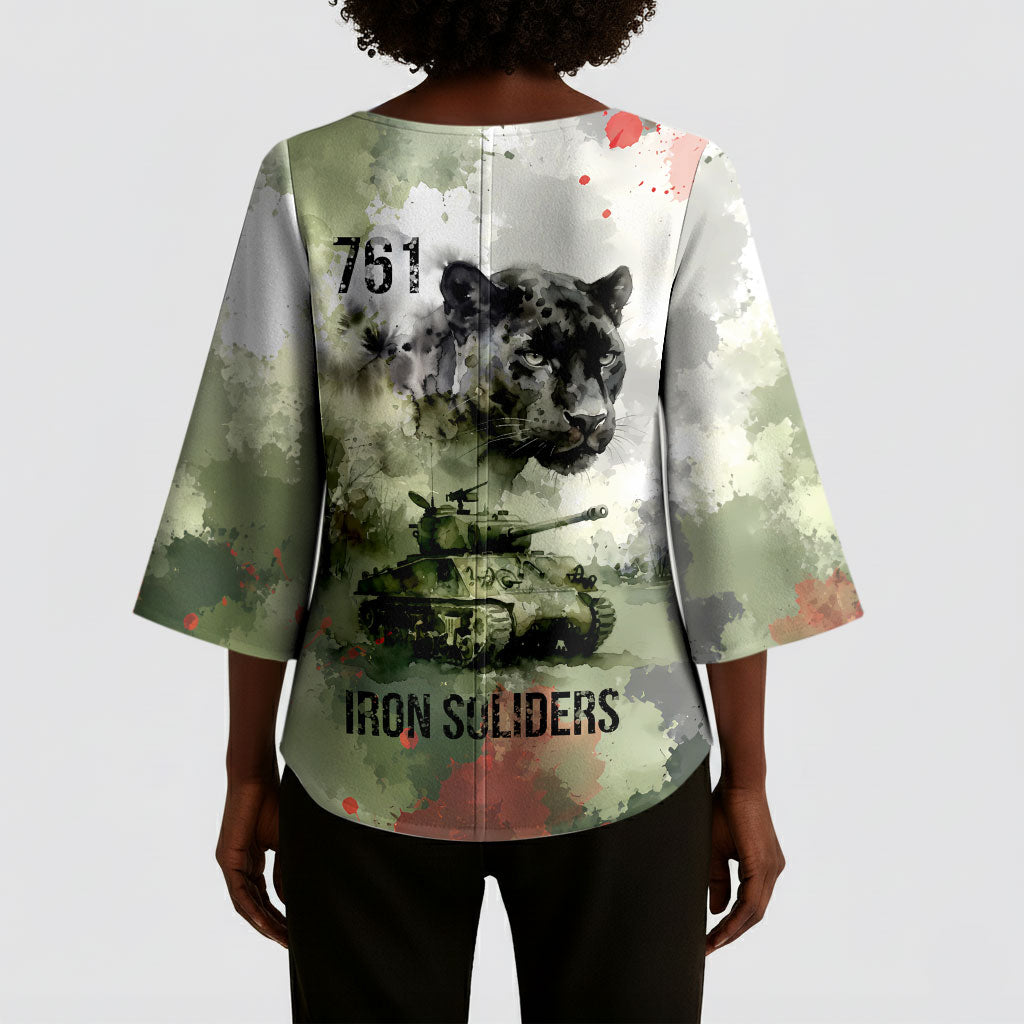 761st Tank Battalion Kimono Sleeve Blouse Black Panthers - Come Out Fighting - Military Watercolor