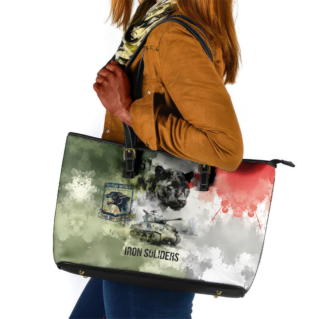 761st Tank Battalion Leather Tote Bag Black Panthers - Come Out Fighting - Military Watercolor