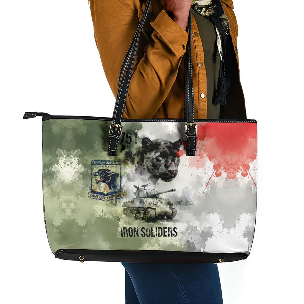 761st Tank Battalion Leather Tote Bag Black Panthers - Come Out Fighting - Military Watercolor