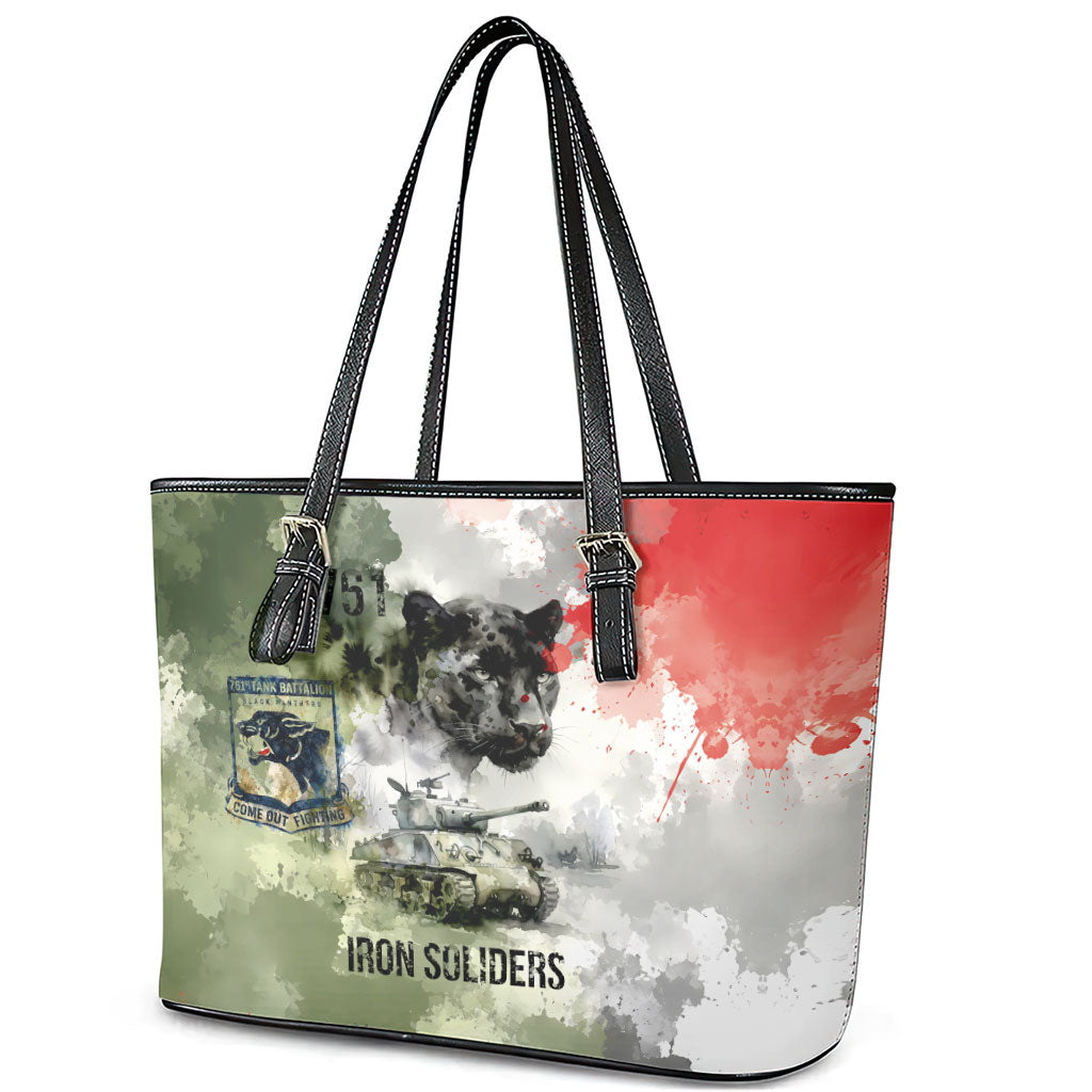 761st Tank Battalion Leather Tote Bag Black Panthers - Come Out Fighting - Military Watercolor