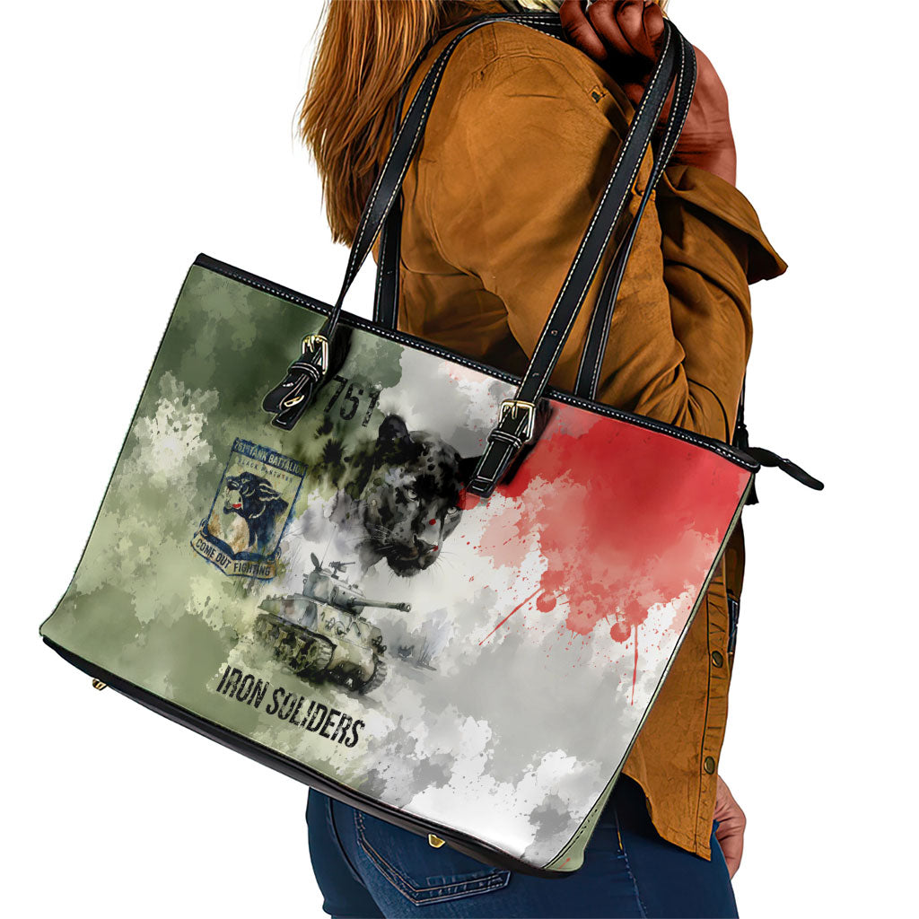 761st Tank Battalion Leather Tote Bag Black Panthers - Come Out Fighting - Military Watercolor
