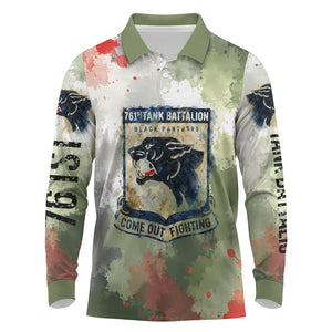 761st Tank Battalion Long Sleeve Polo Shirt Black Panthers - Come Out Fighting - Military Watercolor