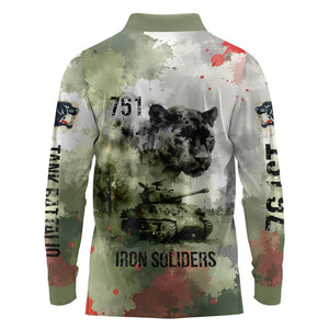 761st Tank Battalion Long Sleeve Polo Shirt Black Panthers - Come Out Fighting - Military Watercolor