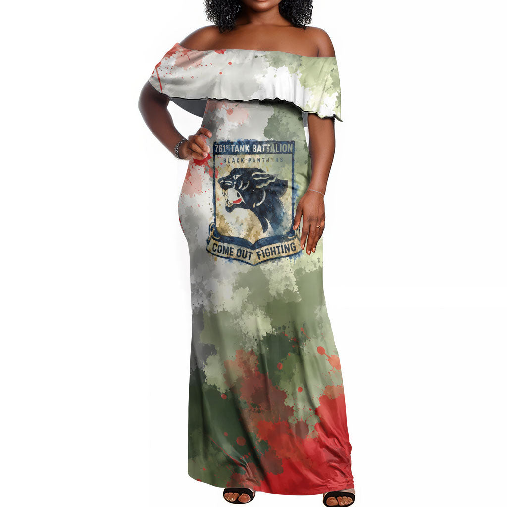 761st Tank Battalion Off Shoulder Maxi Dress Black Panthers - Come Out Fighting - Military Watercolor