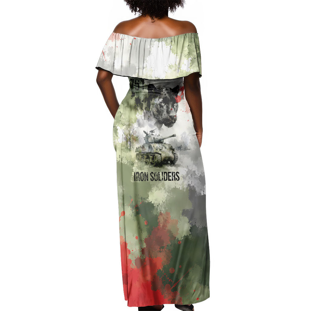 761st Tank Battalion Off Shoulder Maxi Dress Black Panthers - Come Out Fighting - Military Watercolor