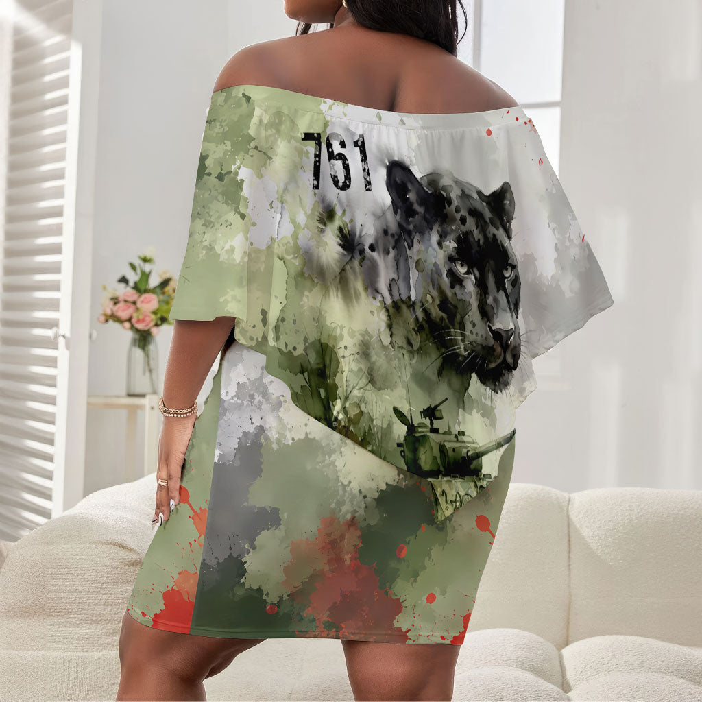 761st Tank Battalion Off Shoulder Short Dress Black Panthers - Come Out Fighting - Military Watercolor