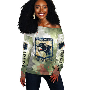 761st Tank Battalion Off Shoulder Sweater Black Panthers - Come Out Fighting - Military Watercolor
