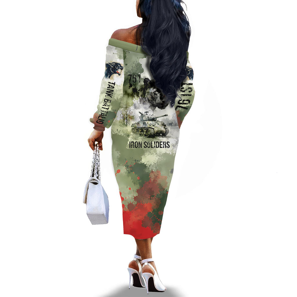 761st Tank Battalion Off The Shoulder Long Sleeve Dress Black Panthers - Come Out Fighting - Military Watercolor