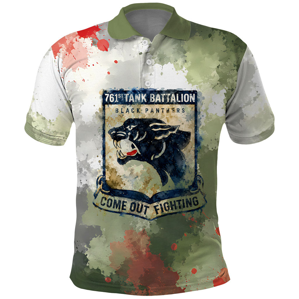 761st Tank Battalion Polo Shirt Black Panthers - Come Out Fighting - Military Watercolor